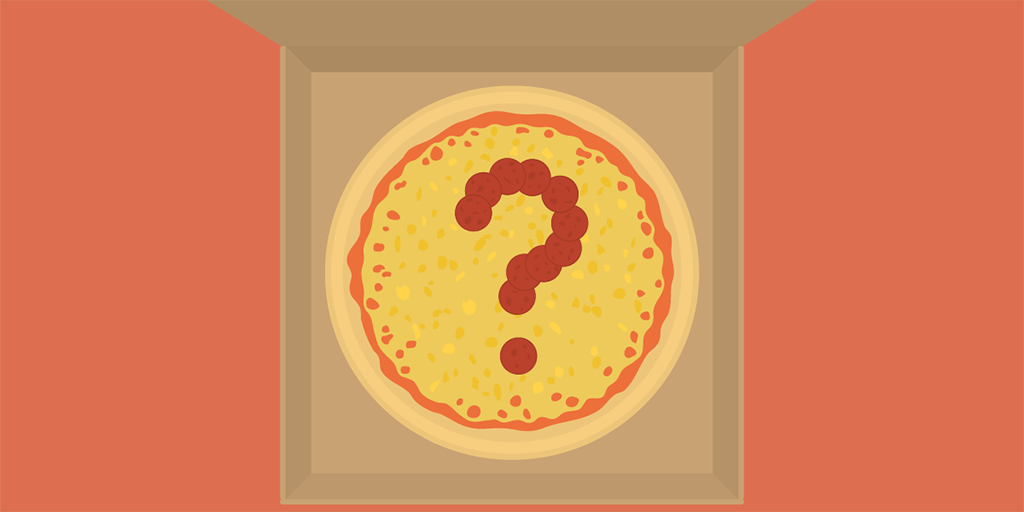 Illustration a pepperoni pizza in a box with the pepperonis in the shape of a question mark