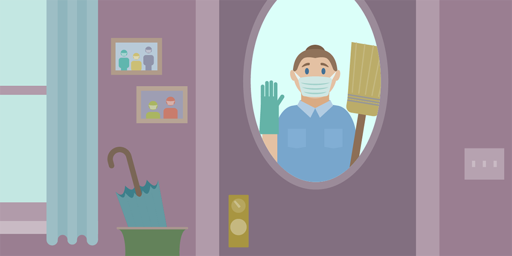 Illustration of a masked house-cleaner looking through a window in the front door of a residence