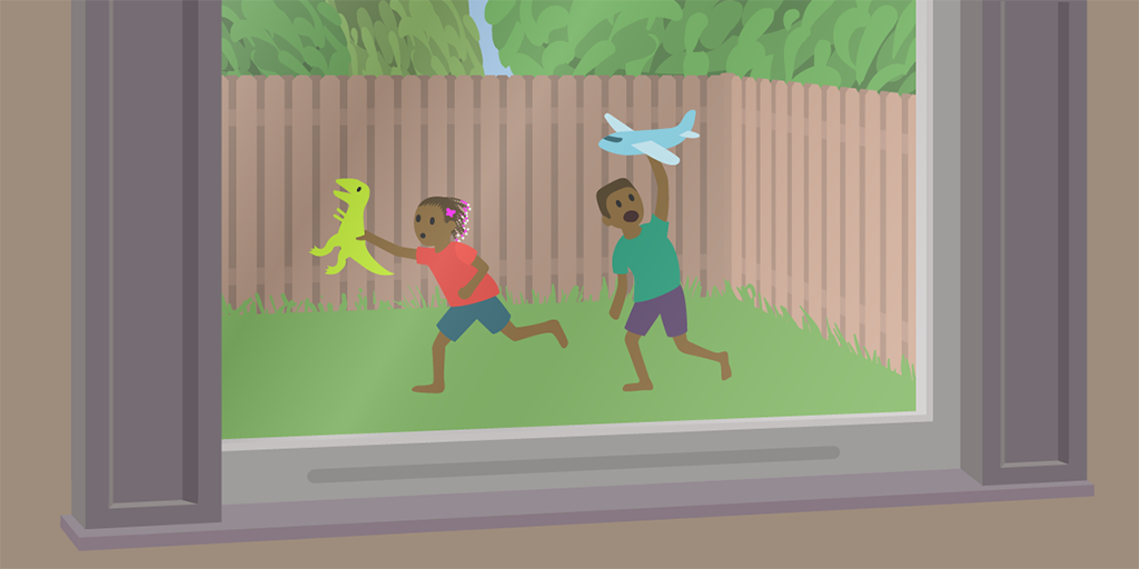 Illustration of two children playing in a fenced-in backyard, seen through the window of a house 