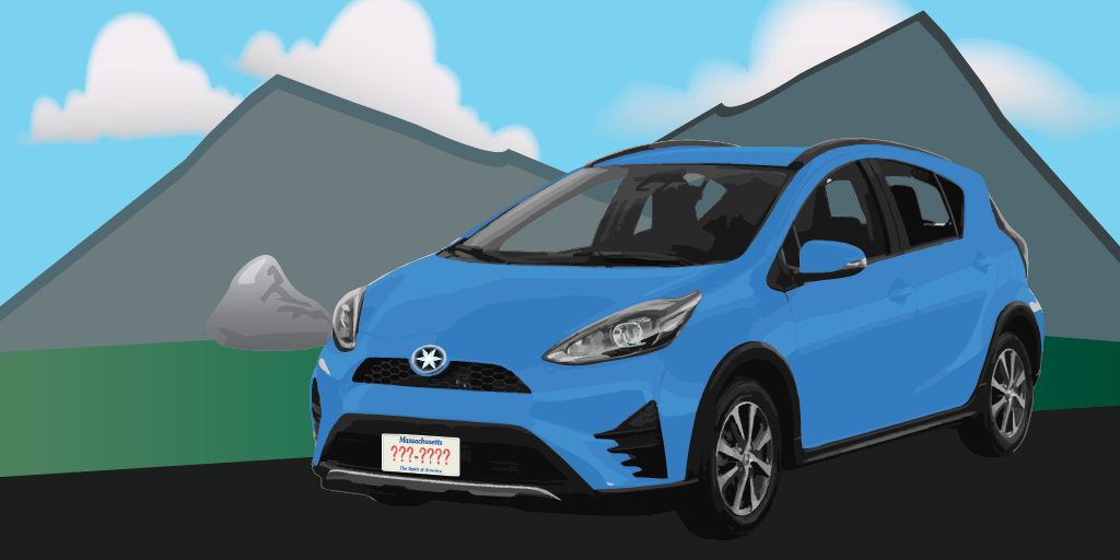 Illustration of a blue sedan on a roadway with mountains and clouds in the background