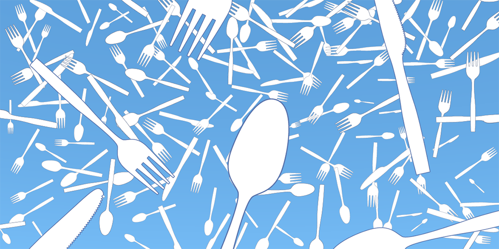  Illustration of an assortment on single-use plastic eating utensils distributed across the frame in a disorderly manner