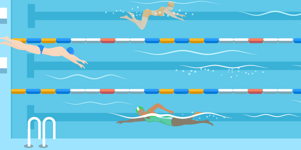 Illustration of three people swimming in separate lanes in a lap pool
