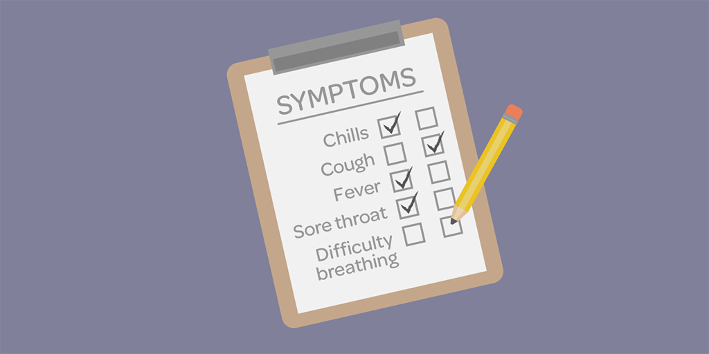 Illustration of a clipboard holding a form with a checklist of several COVID-19 symptoms