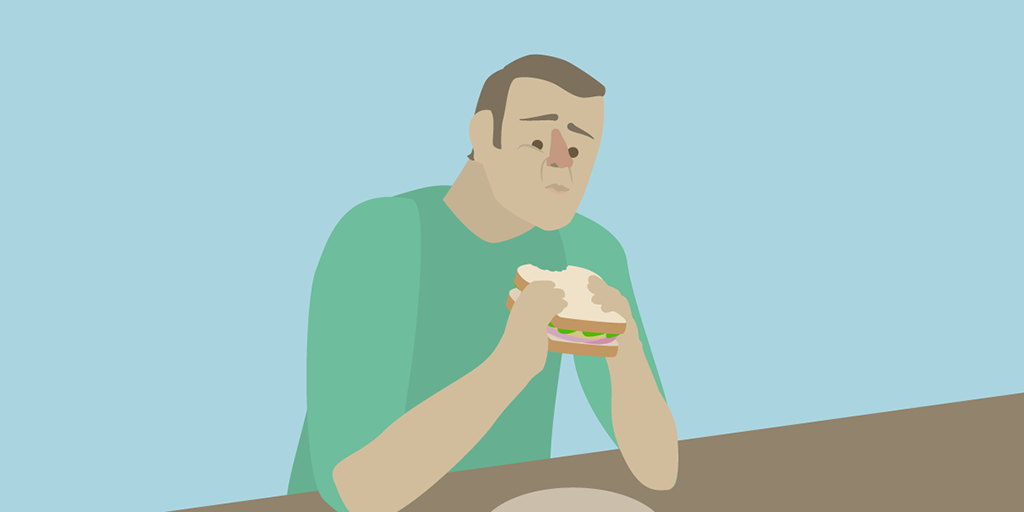 Illustration of a person with a disappointed facial expression sitting at a table as they smell the sandwich held in their hands