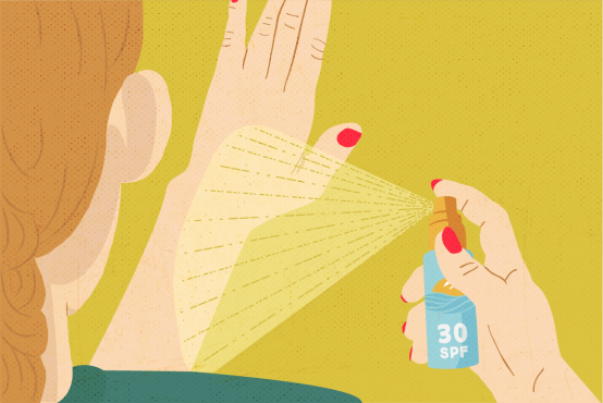 Illustration of a person spraying sunscreen on her hand