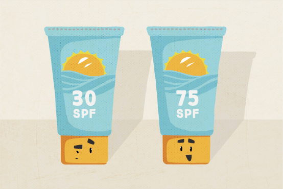 Illustration of two containers of sunscreen, one with a label reading 'SPF 30' and one with a label reading 'SPF 75'