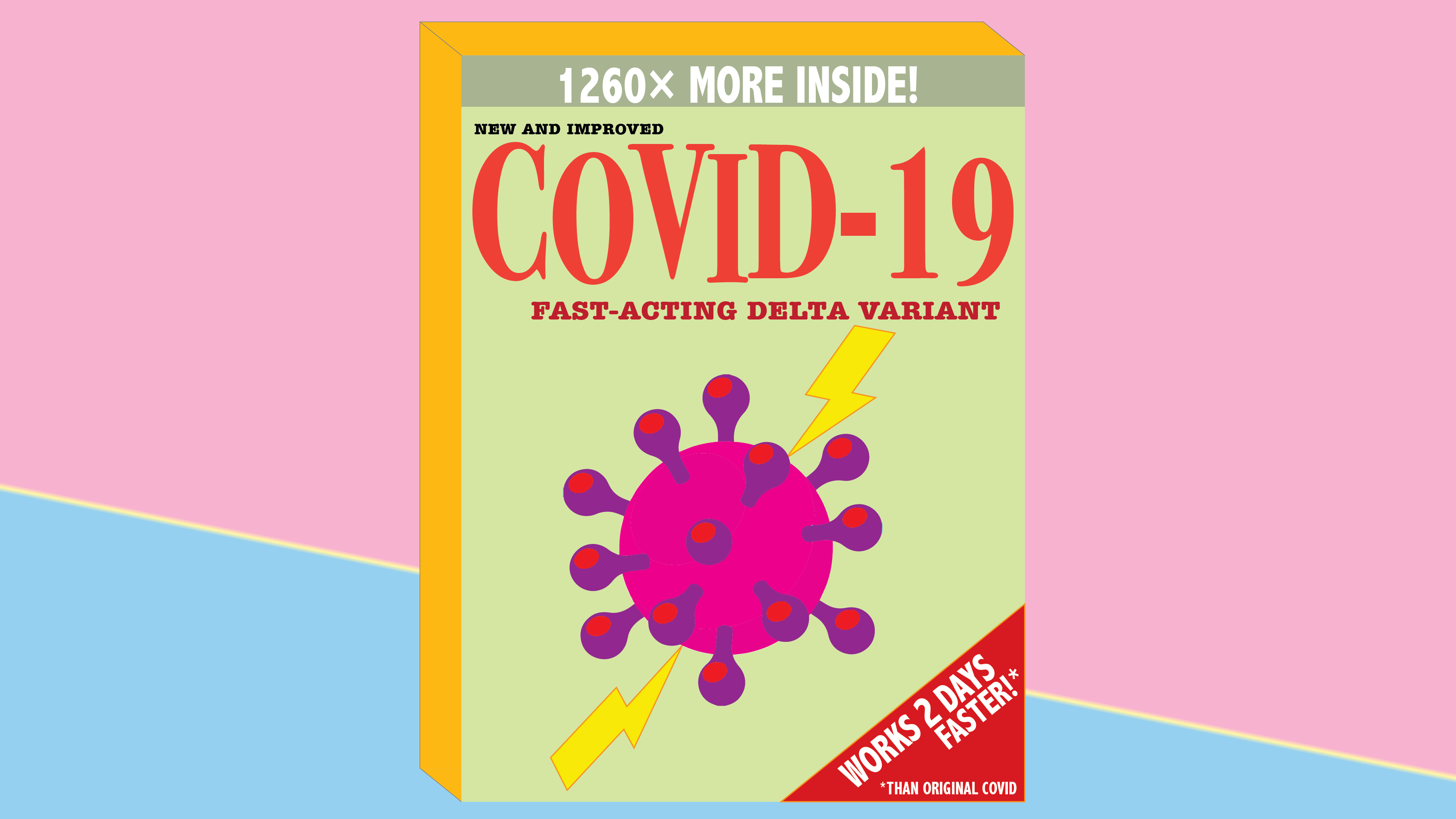 Illustration of a box with a picture of a covid molecule on the front and text, ‘New and improved COVID-19 fast-acting Delta variant. Works 2 days faster than original COVID’