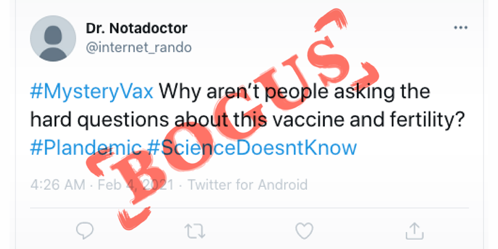 Illustration of a tweet outlining a false claim about COVID vaccine safety with the word 'BOGUS' in red stamped over the text
