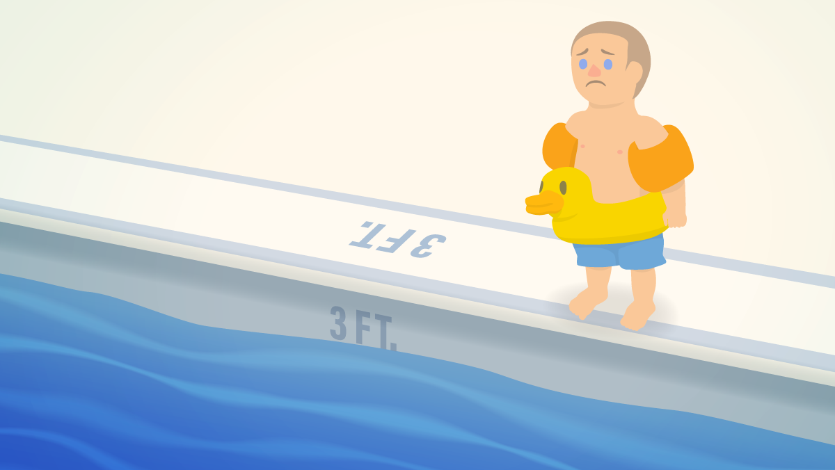 Illustration of a small child with a worried expression standing at the edge of a swimming pool and wearing several flotation devices