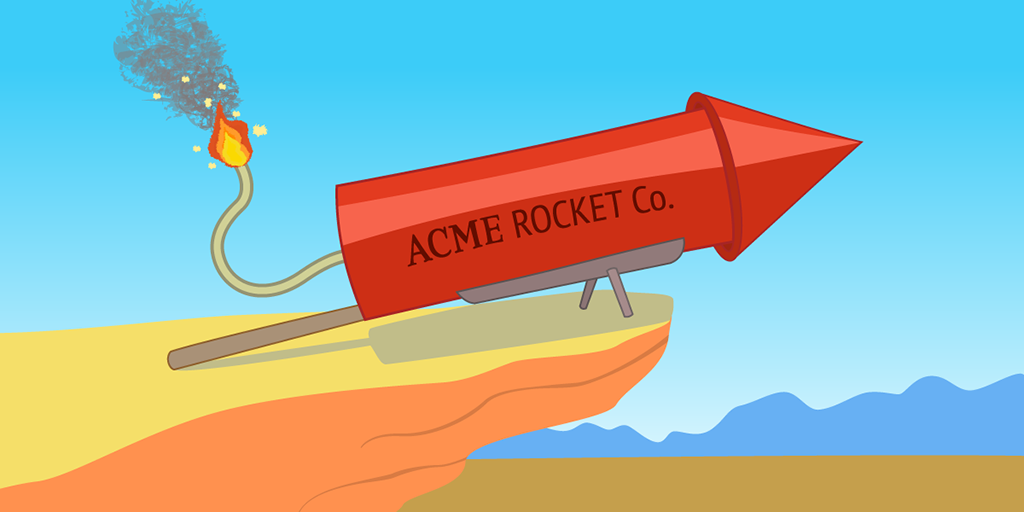 Illustration of a rocket with the fuse lit labeled ‘Acme Rocket Co.’ on a desert cliff