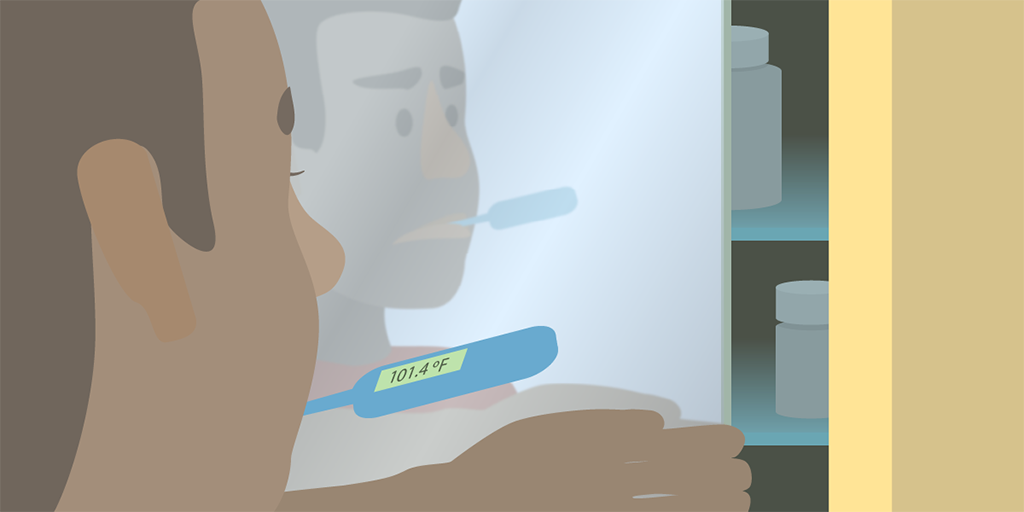 Illustration of a person reaching into a medicine cabinet with a thermometer in their mouth showing a temperature of 101.4