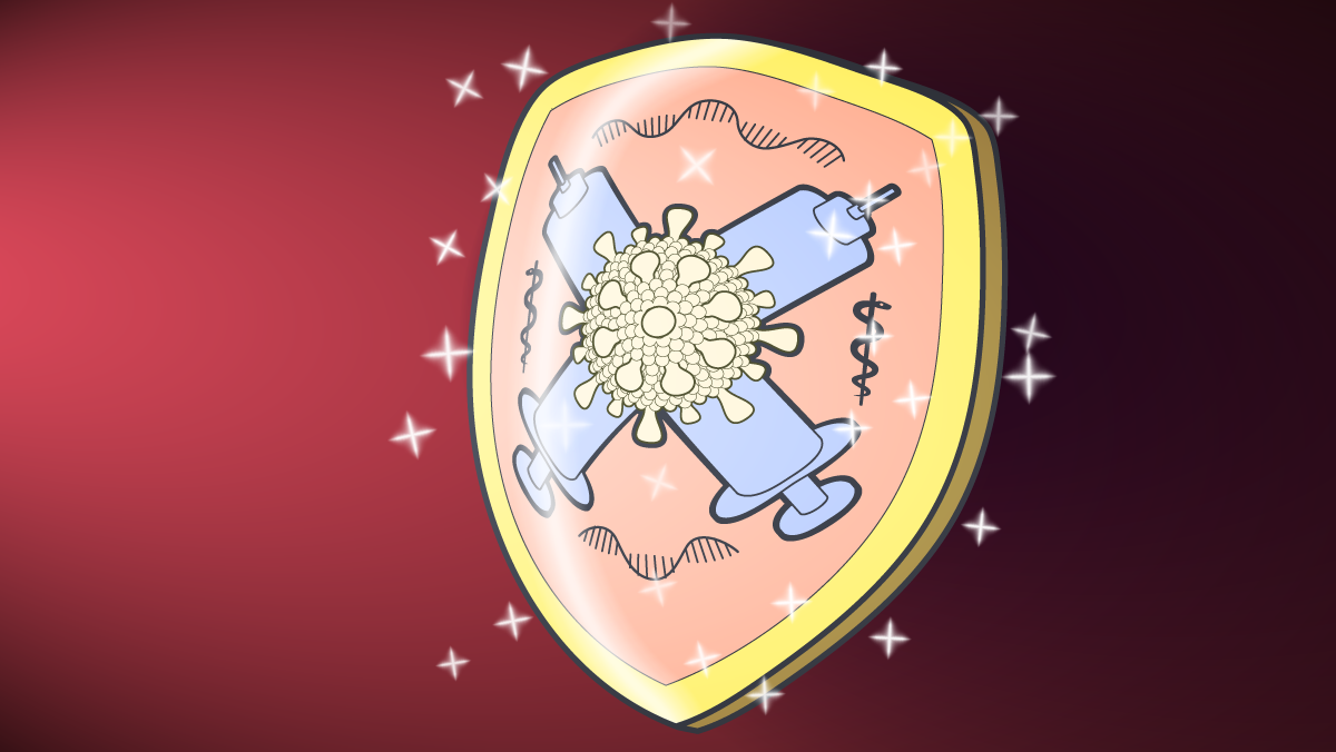 Illustration of a shield with a covid molecule and two vaccine syringes on the front surrounded by sparkles