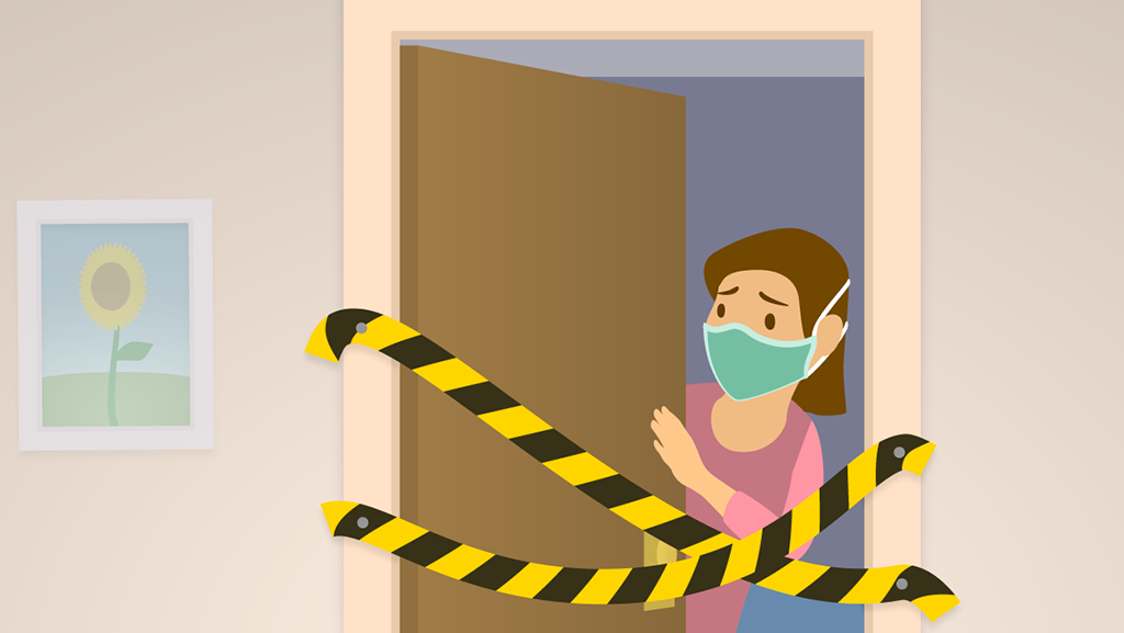 Illustration of a person wearing a PPE mask and peeking out from a doorway with yellow and black caution tape stretched across it