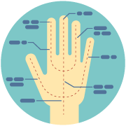 Illustration of a hand with acupuncture points