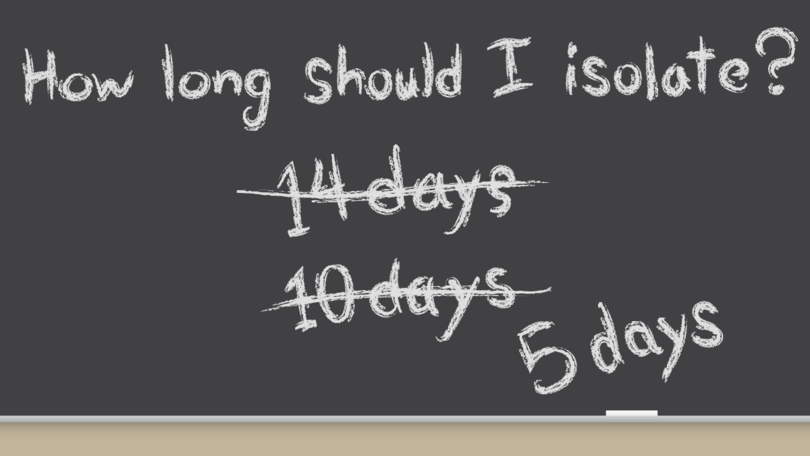 illustration of a chalkboard with text, 'How long should I isolate? 5 days.' and text that is cross out, '14 days, 10 days'