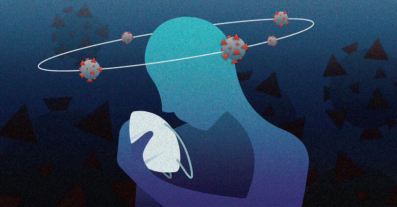 Illustration of a person with COVID-19 molecules spinning around their head as they remove a PPE mask from their face