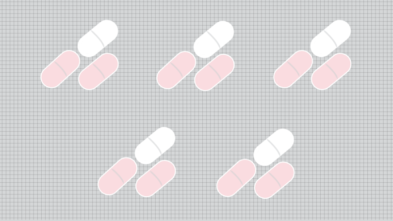 Illustration of five sets of three pharmaceutical tablets arranged in two rows, each set of three includes one white tablet and two pink tablets