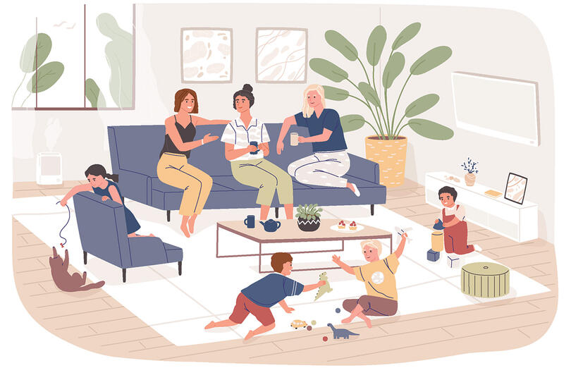 Illustration of three adults drink coffee on a couch in a living room with plants and an area rug while three small children play on the floor and in a chair nearby