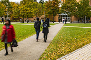 several people walking on concrete and brick walkways on and and outdoor, grassy, campus coutryard