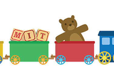 Illustration of a child's toy train with a toy in each of the three train cars including a rocket, blocks with the letters M, I, and T and a teddy bear