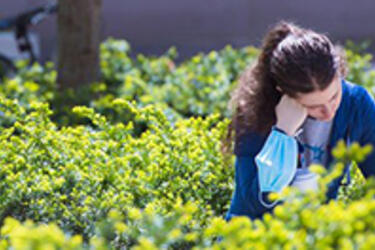 student wearing a blue sweater and holding a PPE mask is seated outdoors with greenery in the foreground and background. Their head is resting on their hand with eyes downcast
