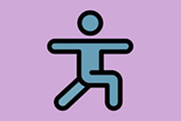 Iconic representation of a blue figure in a yoga posture against a light purple background