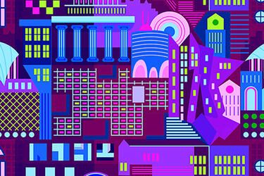 multi-colored design element with images representing MIT campus buildings