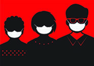 Illustration of 5 people of various heights standing shoulder-to-shoulder and wearing PPE masks
