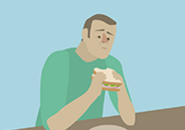 Illustration: person with a disappointed facial expression sitting at a table as they smell the sandwich held in their hands