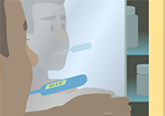 Illustration: a person reaching into a medicine cabinet with a thermometer in their mouth showing a temperature of 101.4