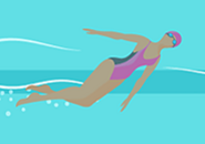 Illustration of a person in a swimming pool wearing a swimsuit, swimming googles, and a swim cap