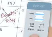 Illustration of a calendar with 'Booster today' written on a crossed out date and a hand holding a positive COVID-19 rapid test visible next to that date 