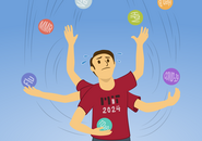 Illustration of a person wearing a shirt with a logo for the MIT class of 2024 and juggling several balls that are labeled with the names of various vaccines