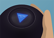 Hand holding a Magic 8-ball with the message, 'Signs point to ...' displayed in white text inside an blue triangle