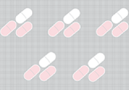 Illustration of five sets of three pharmaceutical tables, each set including in white tablet and two pink tablets
