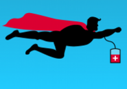 Illustration of a superhero figure wearing a red cape and flying though the air with a blood donation bag attached to their arm
