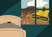 Illustration of a person in a bed next to a window, with a bulldozer visible outside the window. 