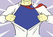 Illustration of a man's chest and blue t-shirt as he pulls open his button down shirt.