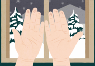 Illustration of two hands with cracked skin in front of a window showing a snowy winter landscape