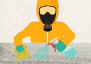 Illustration of a person in a hazmat suit with a spray bottle and sponge cleaning a surface