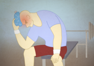 Illustration of man at a gym holding a compress to his head 