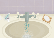 Illustration of a bathroom sink with water and question marks coming out of the tap