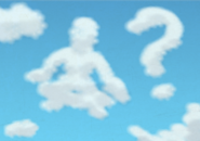 Illustration of two clouds, one in the shape of a question mark, the other in the shape of a person meditating 