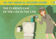 Illustration of a female detective looking through a magnifying glass at an aerosol can placed on the back of a toilet seat