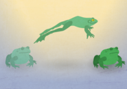 Illustration of one frog jumping and one frog sitting still