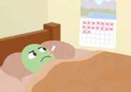 Illustration of sick person in bed with a thermometer in his or her mouth