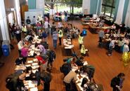 People lined up to get flu shots at the 2014 flu clinic at MIT's Stratton Student Center