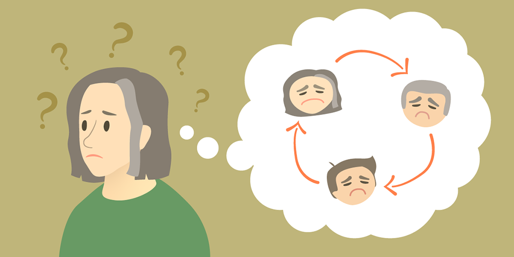 Illustration of a person with a worried expression and question marks floating around their head. A thought bubble above their head contains that person and two family members looking sick with arrows between them indicating that they are passing an infection back and forth