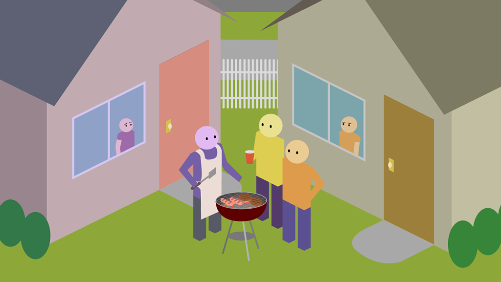 Illustration of three adults cooking food on a grill in the yard between two houses with a frowning child visible through a window of each house