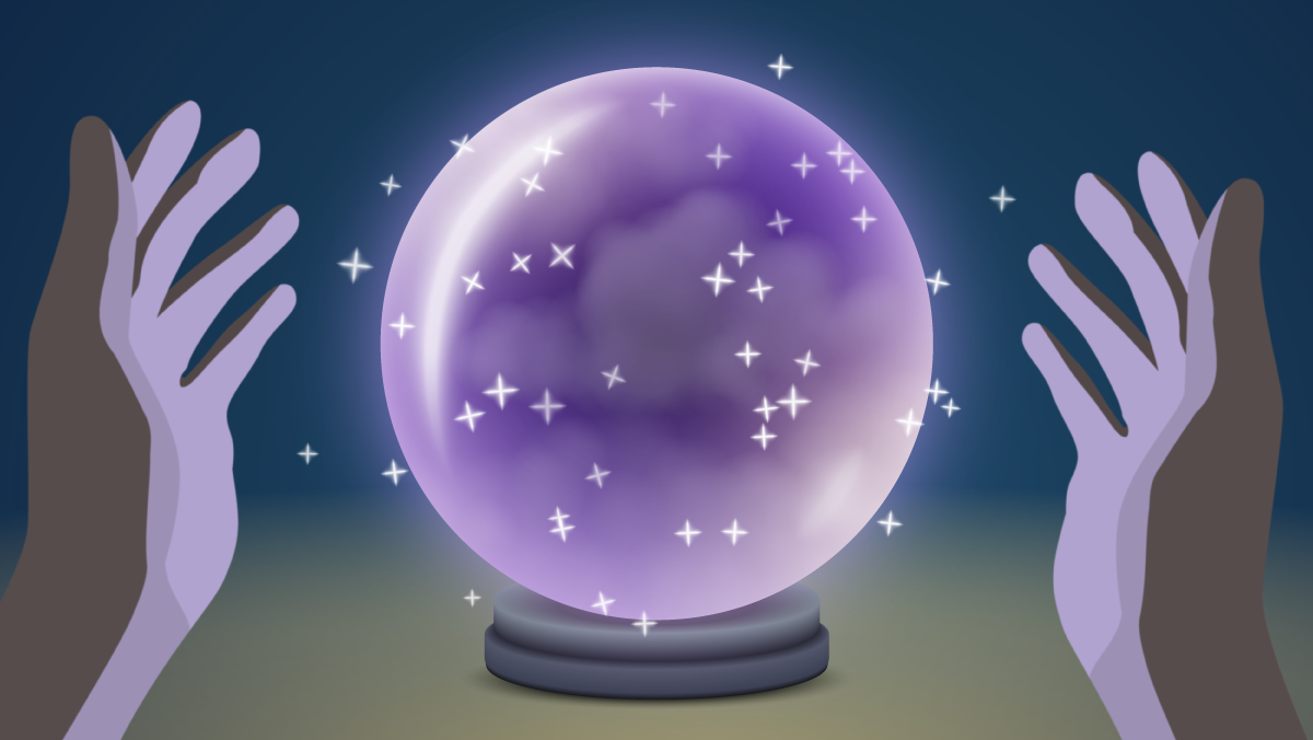 Illustration of a fortune teller’s crystal ball surrounded by sparkles with clouds visible within the ball. A pair of hands flank the ball as if to present it to a viewer